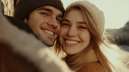 Close-up of a happy young couple taking a selfie outdoors, young woman and man smiling with big warm smiles against a wall on a city street. Romantic date concept, cinematic feel, love and happiness.