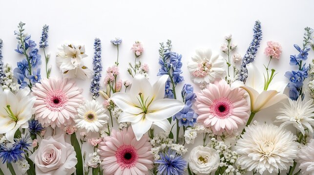 flowers background with white lilies, white asters, white roses, blue iris, blue thistle, white Matricaria, pink Gerbera, white arums, pink snapdragon on a white background