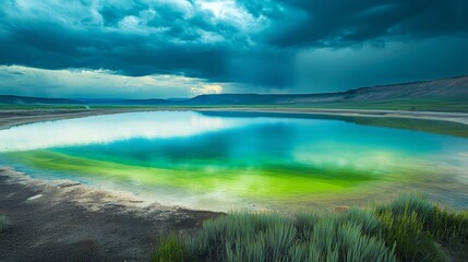 Neon Green Glow in Lithium Pond Under Dramatic Sky at Dusk