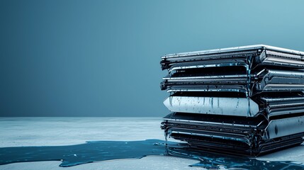 Stack of Electric Vehicle Batteries with Liquid Leak on Industrial Surface