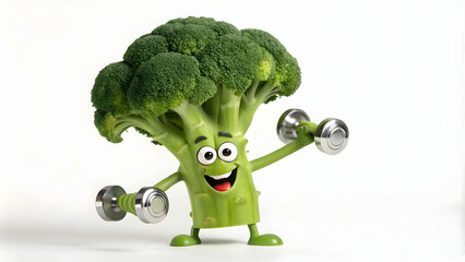 Happy broccoli cartoon with weights showcasing fitness lifestyle