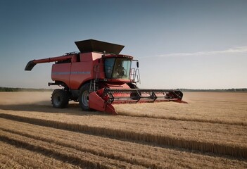Fototapeta premium A bright yellow combine harvester is actively working in a field of ripe wheat