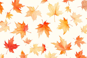 Fototapeta premium Delicate maple leaves in a gradient of autumn colors, soft reds, oranges, and yellows on a light cream background, high definition background, mock up wallpaper