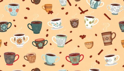 set of cups or seamless background with coffee cups or icon set glass coffee. 