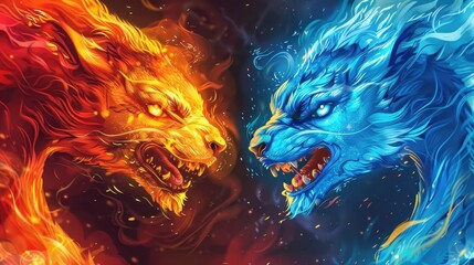 Ice vs fire in abstract wallpaper, a flowing motion of cold water vs hot flame in a creative vs striking design with a dark vs light texture and a magical vs realistic backdrop.