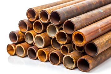 Rusty iron pipes stacked against a white background showcasing texture and decay in industrial materials for design and construction concepts.