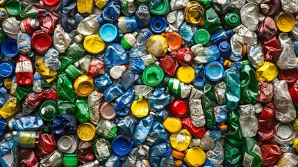 Colorful Bunch of Crushed Aluminum Cans and Plastic Bottles Waste