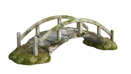 Old Wooden Bridge Surrounded by Moss and Grass, Overgrown Nature Pathway, Rustic Landscape in Tranquil Outdoor Setting