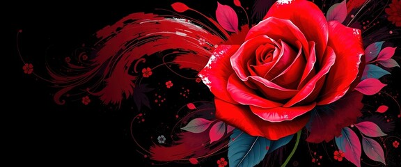 floral banner featuring a bold, crimson red rose as the central focal point, set against a sleek and mysterious black background