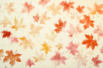 Fototapeta premium Delicate maple leaves in a gradient of autumn colors, soft reds, oranges, and yellows on a light cream background, high definition background, mock up wallpaper