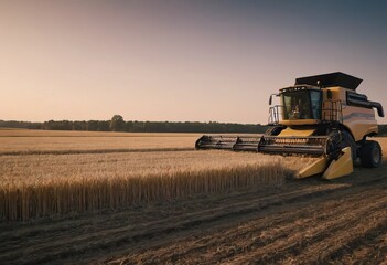 Fototapeta premium A bright yellow combine harvester is actively working in a field of ripe wheat