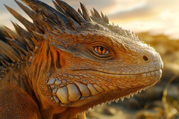 Golden Spiked Lizard Basking In Sunset Light