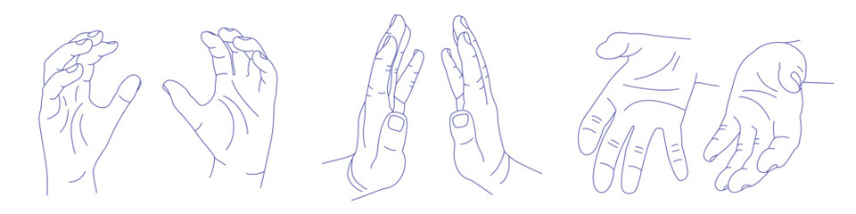 Set of hand gestures in various positions. Contour vector sketch illustration. Index, middle, ring, little fingers and thumb