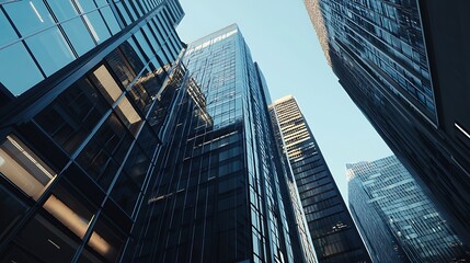 Plakat A city skyline with tall buildings and a clear blue sky