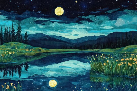 Illustrate a landscape where the ground is a reflective surface like water, mirroring a starry night sky above.