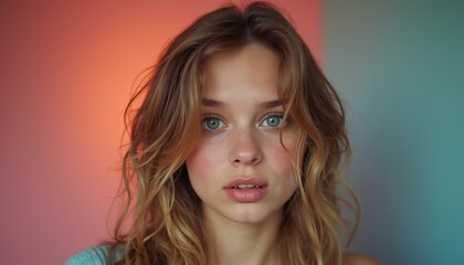 Naklejka premium Adorable girl's emotional face on a color background. A cute lifestyle wallpaper.