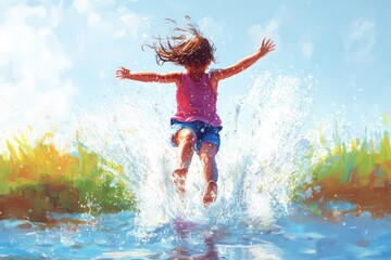 Joyful splashes and carefree spirit, illustrating happiness.