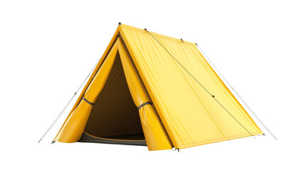 Bright Yellow Camping Tent Set Against a Simple White Background, Perfect for Outdoor Adventures, Nature Trips, or Camping Equipment Promotions and Advertisements