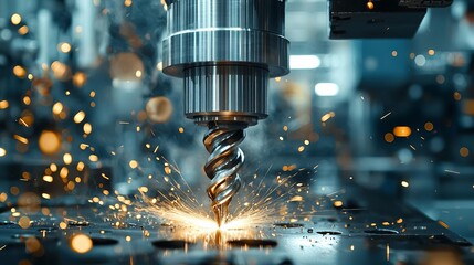Close-up shot of a precision CNC machine drilling, sparks flying, showcasing modern manufacturing technology in action.