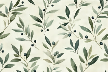 Elegant olive branch pattern with detailed leaves and tiny olives, muted sage green on a soft ivory background, high definition background, mock up wallpaper