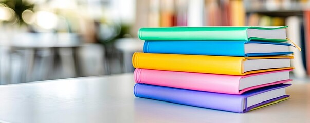 Stack of colorful textbooks on a library table, blurred background