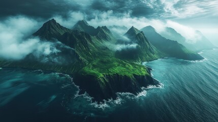 Fototapeta premium Island in the middle of a deep green sea, with mountain peaks and low clouds, 