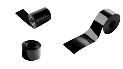 Roll of glossy black adhesive tape in various views showcasing smooth texture, interior cardboard...