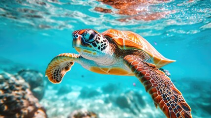 Fototapeta premium Stunning Underwater Shot of a Sea Turtle in Vibrant Turquoise Waters