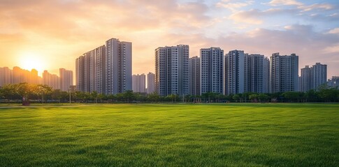 Obraz premium Modern City Park with High-Rise Buildings at Sunset AI generated illustration