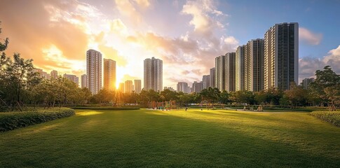 Fototapeta premium Modern City Park with High-Rise Buildings at Sunset AI generated illustration