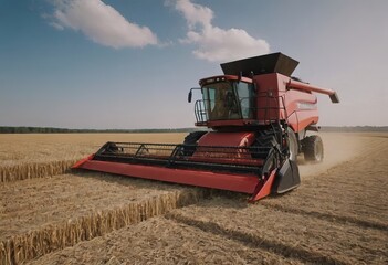 Fototapeta premium A bright yellow combine harvester is actively working in a field of ripe wheat