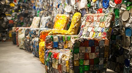 Fototapeta premium Colorful Recycled Chairs Displayed Against Artistic Trash Wall