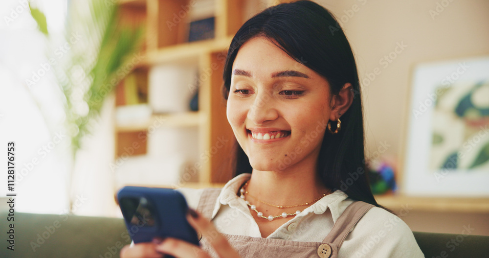 Poster reading, phone and happy with woman on sofa for streaming, social media and networking app. connecti