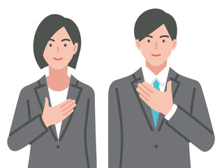 おまかせください　胸に手を当てるビジネスパーソン