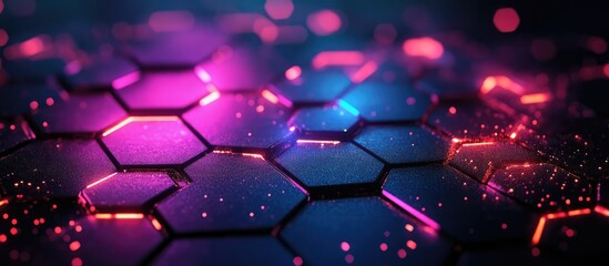 Abstract Hexagon Network: Neon Pink and Blue Glowing Grid