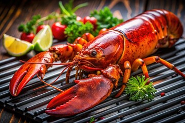 Succulent grilled lobster closeup; delicious summer BBQ, red lobster delight.