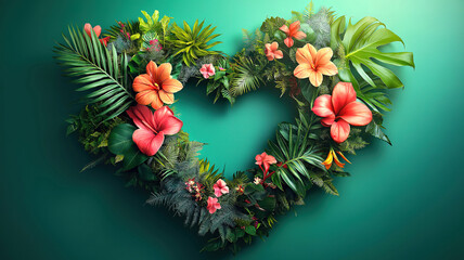 Heart-shaped moss sculpture adorned with red and pink hearts, perfect for Valentine's Day.A vibrant heart-shaped moss sculpture, teeming with small, red and pink heart-shaped berries and lush green le