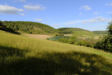 Obraz premium Naturschutzgebiet Haarberg zwischen den Weinorten Euerdorf und Wirmsthal im Abendlicht, Landkreis Bad Kissingen, Franken, Unterfranken, Bayern, Deutschland