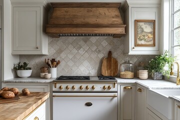 Farmhouse kitchen with white cabinets, wooden range hood, and beige diamond tile backsplash.