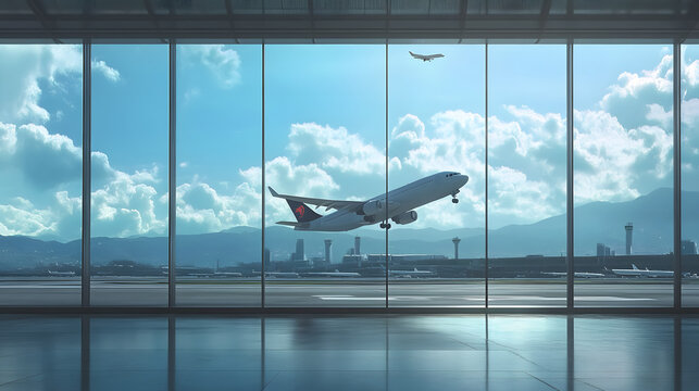 An aircraft taking off, viewed through an airport window.