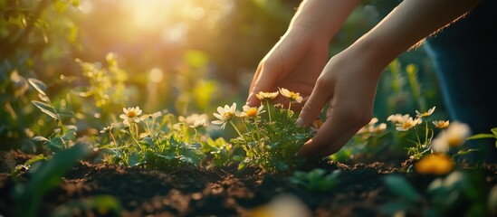 Fototapeta premium Gardening at Sunset: Hands Gently Tending Delicate White Flowers in a Lush Garden