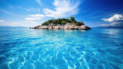 Island in the middle of a crystal-clear sea, waves gently lapping around, deep blue water, 