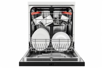 Modern kitchen appliance with clean dishes and organized loading in a residential kitchen setting