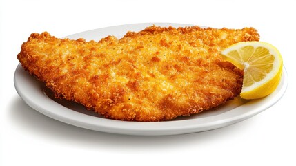 Breaded Crispy Fried Seafood Fillet Dish Served with Lemon Wedge on White Plate