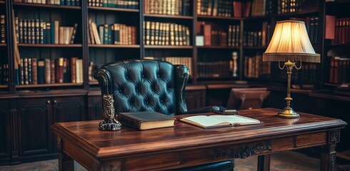 Vintage Leather Chair and Wooden Desk in Classic Library AI generated illustration