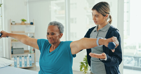 Senior woman, physiotherapist and dumbbells for recovery from injury with guide, help and support....