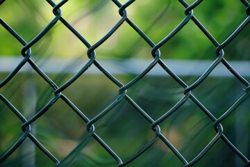 Fototapeta premium Close-up of a green chain-link fence with blurred greenery in the background during daylight