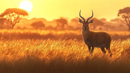 Obraz premium Waterbuck close-up detail, Kobus ellipsiprymnus, large antelop. Nice African animal in the nature habitat. Wildlife from nature. Evening.