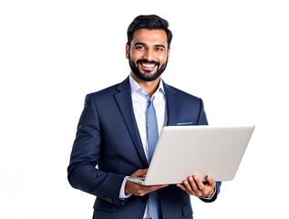 Portrait of young businessman standing,Businessman in suit with tablet and cup,holding laptop and watching media with happy smile,a handsome businessman using tablet