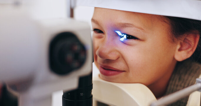 Health, child or eye care examination with ophthalmoscope for retina assessment or ocular wellness. Pediatric experience, laser or kid patient with medical instrument for glaucoma exam or vision test